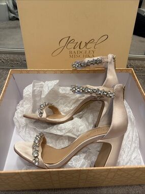 Badgley Mischka Champagne Satin Crystal-Strap Block Heels